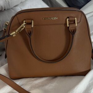 Calvin Klein Tan Leather Satchel with Gold Accents